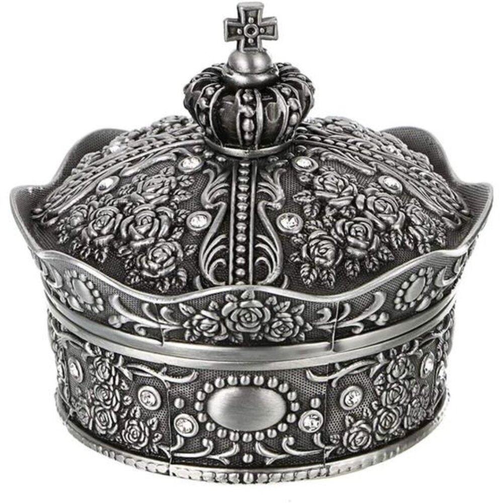 Vintage Jewelry Box, Antique Crown Design Trinket Treasure Chest Storage